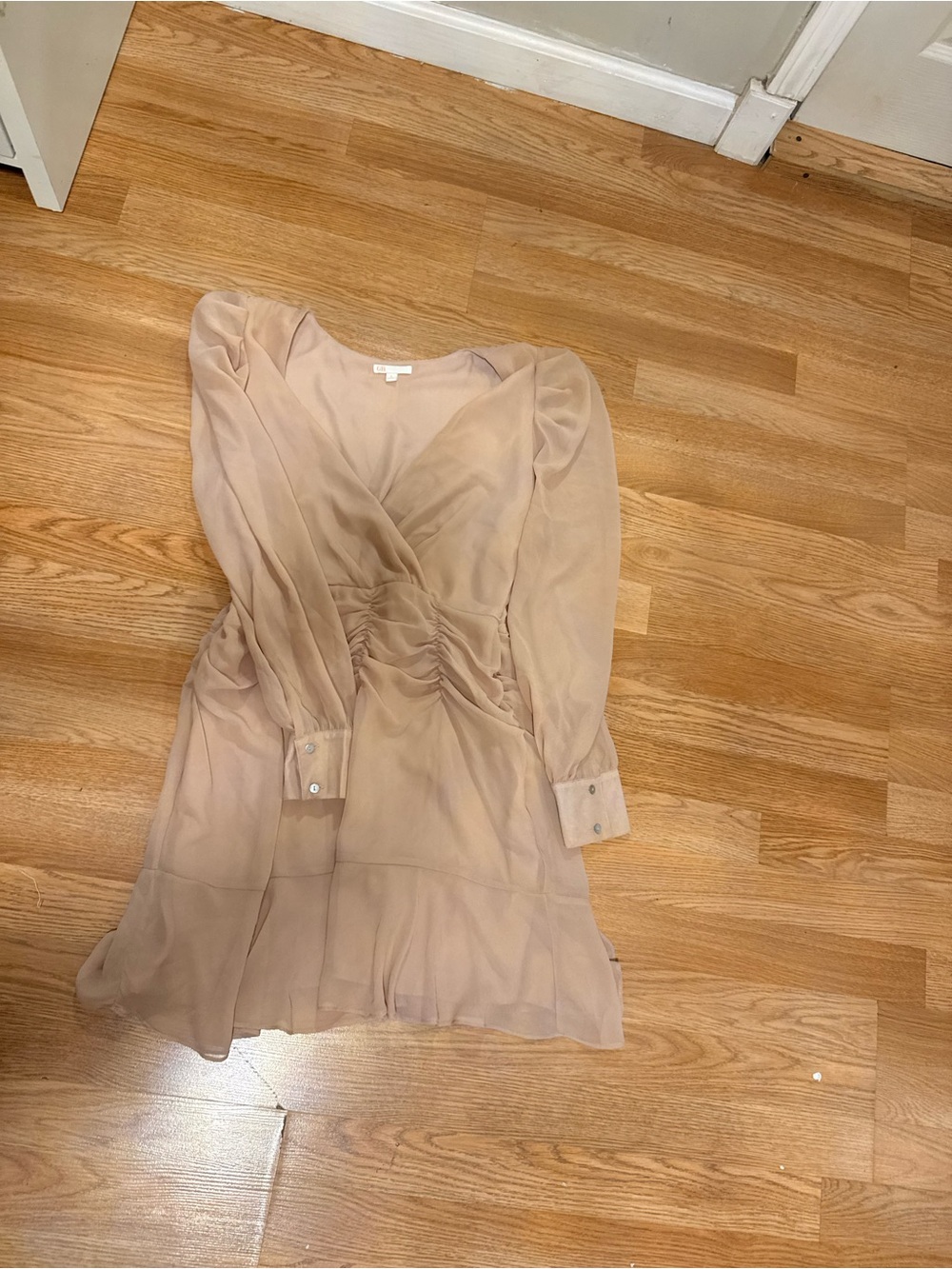 Gianni Bini Beige Long-Sleeve Wrap Mini Dress
